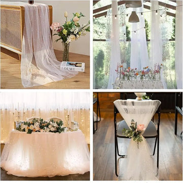 Qfdian Pearl Table Runner Gauze Chiffon White Wedding Arch Decoration Romantic Bridal Baby Shower for Holiday Party Birthday Cake Decor